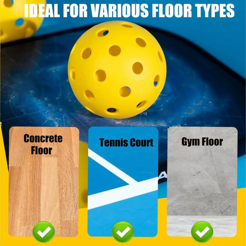 Outdoor Pickleball Balls With 40 Holes For Superior Durability And Stability, yellow ball on various court surfaces