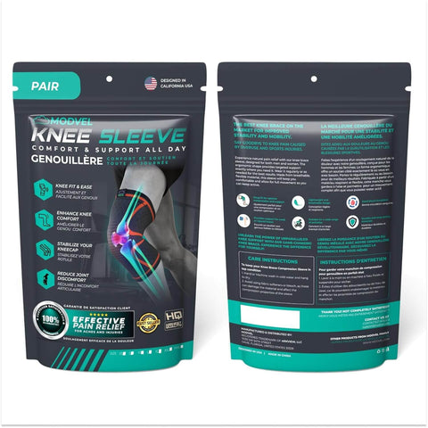 2-Pack Compression Knee Sleeve For Running And All-Day Support packaging showing front and back, breathable nylon-latex blend details