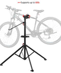 Height Adjustable Bike Repair Stand With Telescopic Arm And Free Tool Tray For Home Bicycle Maintenance And Assembly Beefy And Easy To Use With Adjustable Range From 42.5 To 74.8 Inches supporting a bicycle up to 66 lb