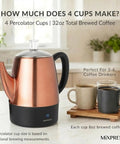 4 Cup Electric Percolator Coffee Pot With Keep Warm Function In Copper And Stainless Steel on kitchen counter