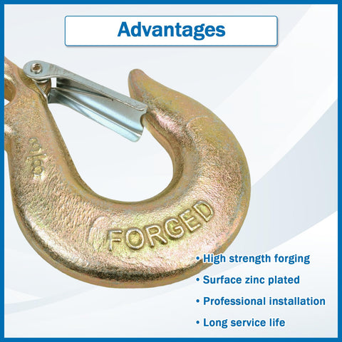 Close-up of 2 Pack 3/8 Inch Clevis Grab Hooks G70 Steel Chain Slip Hook With Safety Latch showing forged and zinc plated details.