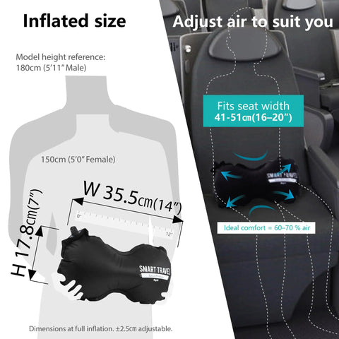 Inflatable Travel Lumbar Pillow For Airplane Seats showing size and fit, adjustable for optimal support in long flights seats.