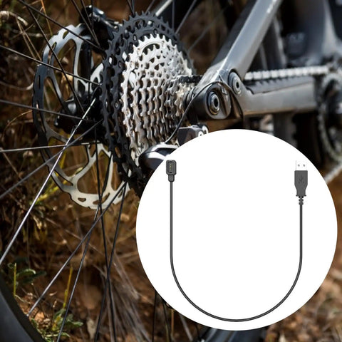 Di2 12 Speed USB Charging Cable for Electronic Shifting Systems near bike derailleur, 150 cm long, PVC and metal build.