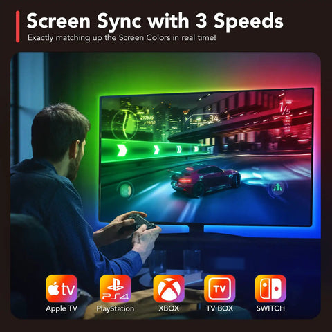 Person gaming on TV with Immersive TV LED Backlights With WiFi Control And HDMI 2.0 Sync Box 4K Ambient Lighting For 30 To 65 Inch Screens App Controlled And Voice Compatible With Alexa And Google Assistant highlighting colors.