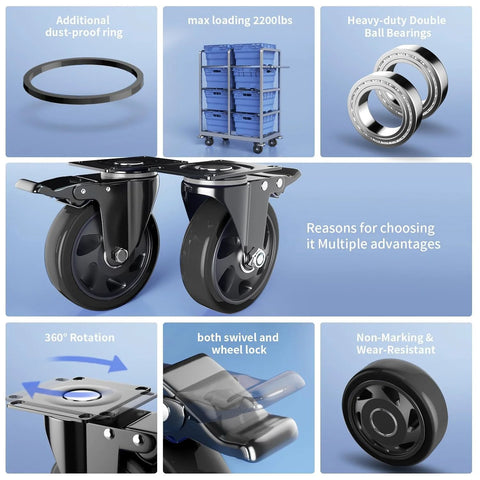 Front view: 4-inch heavy-duty swivel caster wheels with brakes, set of 4 with top-plate mounts