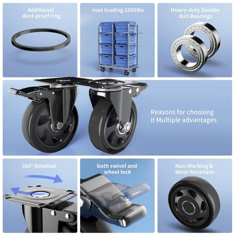 3 Inch Caster Wheels Set Of 4 Heavy Duty With Brake Non Marking Polyurethane Swivel Casters shown with features and accessories.