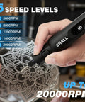 Close-up of the Superior Kickass Cordless Rotary Tool Kit With Five Adjustable Speeds And One Hundred Four Versatile Attachments engraving at 20000 RPM.