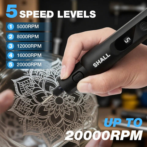 Close-up of the Superior Kickass Cordless Rotary Tool Kit With Five Adjustable Speeds And One Hundred Four Versatile Attachments engraving at 20000 RPM.