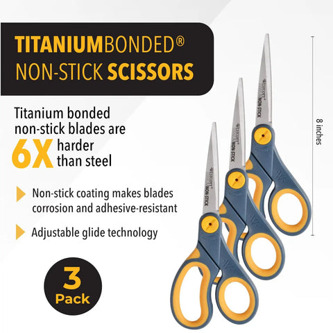 8 Inch Non Stick Titanium Scissors With Glide Adjust Technology For Office And Home Use Great For Craft And Fabric Cutting Grey Yellow 3 Pack Built For Tough Taping And Sticky Stuff And Everyday Desk Duty