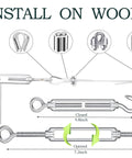 Installation of One Eighth Inch Stainless Steel Wire Rope Cable 100 Feet With M5 Turnbuckle on wood with hardware diagram.