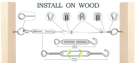 Installation of One Eighth Inch Stainless Steel Wire Rope Cable 100 Feet With M5 Turnbuckle on wood with hardware diagram.