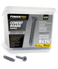 Crew Approved Gray Wafer Head Cement Board Screws 9 X 1 1/4 Inch With Type 17 Self Drilling Tips 925 Count Pack in container.