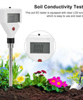 Soil EC Meter 2 In 1 Pro Grade Soil Tester For Conductivity And Temperature With Backlit LCD in a garden setting.