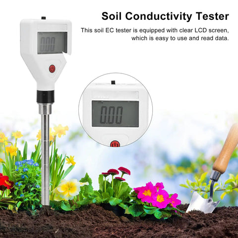 Soil EC Meter 2 In 1 Pro Grade Soil Tester For Conductivity And Temperature With Backlit LCD in a garden setting.