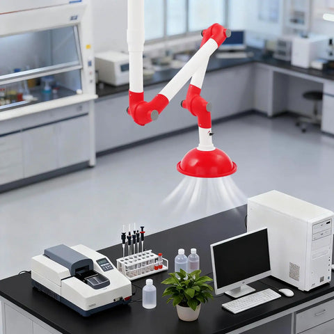 360 Degree Rotating Lab Fume Hood With Ceiling Mount, High Grade Fume Exhaust Vent in laboratory with desks and equipment