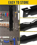 Beefy Steel Toe Alignment Tool for Wheel Angles hanging on a wall with tools, pro-grade kit with rust-resistant black finish