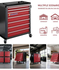 Heavy Duty Seven Drawer Rolling Tool Chest With Lockable Drawers And Waterproof Top Red Mobile Workshop Cabinet in garage setting.