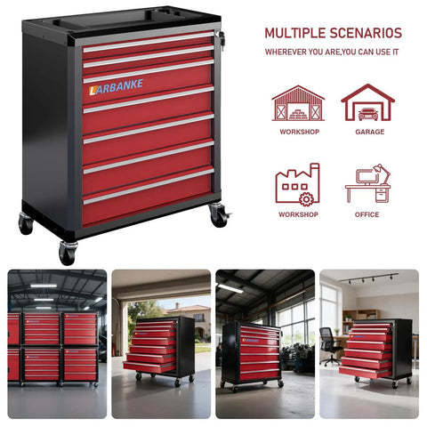 Heavy Duty Seven Drawer Rolling Tool Chest With Lockable Drawers And Waterproof Top Red Mobile Workshop Cabinet in garage setting.