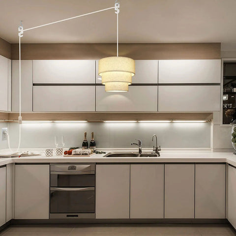 Plug In Pendant Light With Beige Linen 3-Tier Drum Shade, 15 Feet Hanging Lamp in modern kitchen