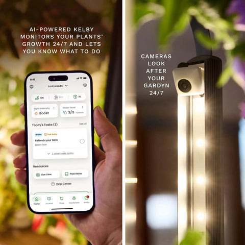 Indoor Vertical Hydroponics Kit For Home Gardening With LED Grow Lights Grows 30 Non GMO Plants Herbs And Vegetables In Just 2 Sq Ft No Fuss Energy Efficient Sunrise And Sunset Modes Smart Garden System showing smartphone app and camera system.