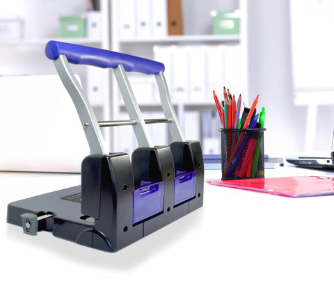 Heavy Duty Three Hole Puncher With 100 Sheet Capacity Self Centering Guide And Ergonomic Grip For Office Home And Print Shops Black And Purple Workhorse Performance