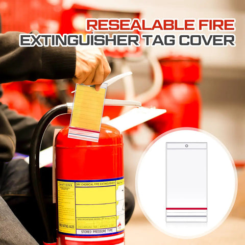 Heavy Duty Resealable Fire Extinguisher Tag Covers 100 Pack Crystal Clear Waterproof Plastic Inspection Sleeves With Slick Side Opening For Hassle Free Yearly Safety Checks on fire extinguisher.