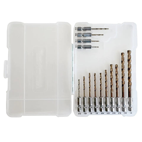 Beefy 14 Piece M35 Cobalt Drill Bit Set For Stainless Steel And Hard Metals And Cast Iron, Jobber Length With One Quarter Inch Hex Shank