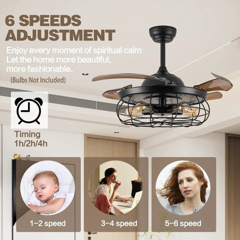 36 Inch Caged Ceiling Fan With Remote Control Industrial Vintage Chandelier Style Black Iron Cage 5 Light Fixtures 4 Blades