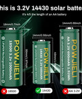 LiFePO4 14430 Rechargeable Battery 3.2V 500mAh Four Pack For Solar Garden Lights Toothbrush Shaver Flashlight And Other Low Drain Gadgets Not An AA Replacement Great For Longer Lasting Power, dimensions comparison with 18500 and AA batteries