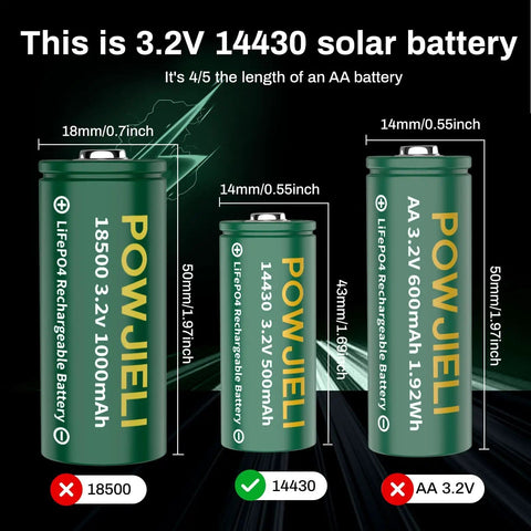 LiFePO4 14430 Rechargeable Battery 3.2V 500mAh Four Pack For Solar Garden Lights Toothbrush Shaver Flashlight And Other Low Drain Gadgets Not An AA Replacement Great For Longer Lasting Power, dimensions comparison with 18500 and AA batteries