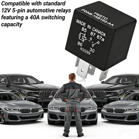 Heavy Duty 5 Pin Automotive Relay 12V 40A Plug In And Go Fuel Pump Starter Switch For Ford F150 Explorer Expedition Transit Runs Smooth Takes A Beating Every Day 2 Pack with black casing and metal contacts.