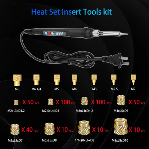 60W Digital Soldering Iron With Complete Heat Set Insert Kit 370 Threaded Inserts For 3D Printing M2 M2.5 M3 M4 M5 M6 Female Thread Nuts