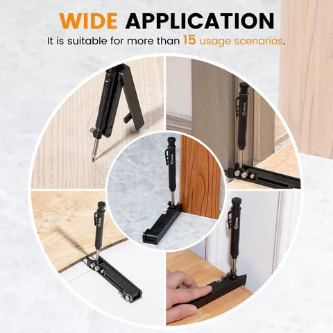 Handy Multi Function Scribing Tool for Woodworking and Metalworking Adjustable Aluminum Alloy Scribe with Deep Hole Pencil Holder Lockable for Precise Marking Lines and Angles DIY Carpenter Gauge Five Point Five Inch Black shown in various usage scenarios on wood and metal surfaces.