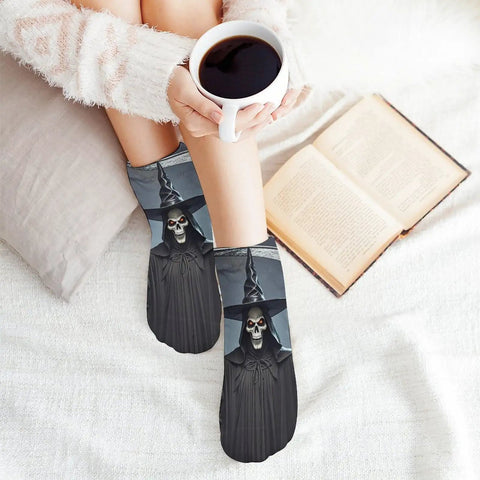 Person wearing Death Scythe Ankle Socks With Moisture Wicking Tech, holding a coffee cup, showcasing unisex casual sports design.
