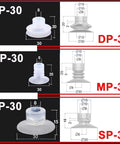 Buy This Awesome 100 Piece Bulk Pack Of Durable Silicone Pneumatic Suction Cups Perfect For Injection Molding Machine Automation, showing DP-30, MP-30, SP-30 models.