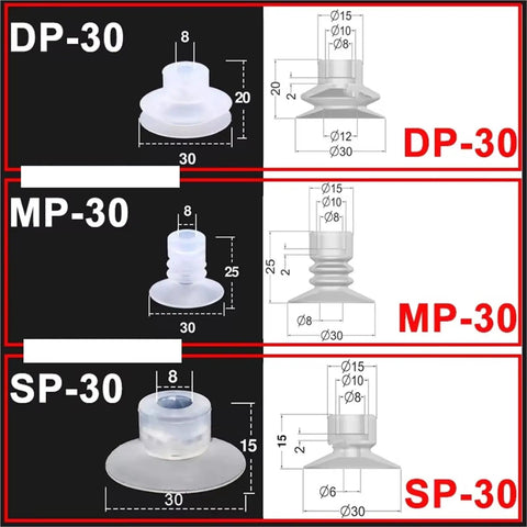 Buy This Awesome 100 Piece Bulk Pack Of Durable Silicone Pneumatic Suction Cups Perfect For Injection Molding Machine Automation, showing DP-30, MP-30, SP-30 models.