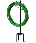 Heavy Duty Garden Hose Stand Freestanding In Ground Hose Rack Organizer For Outdoor Yard Holds Up To 150 Feet Of Hose With Round Tube Beefy Built To Last Rust Resistant Galvanized Fittings And Screws Black with green hose