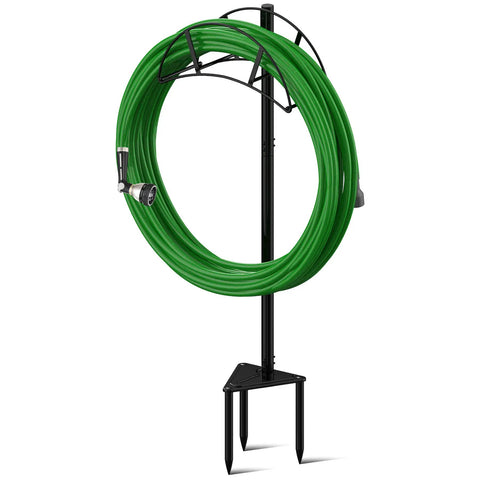 Heavy Duty Garden Hose Stand Freestanding In Ground Hose Rack Organizer For Outdoor Yard Holds Up To 150 Feet Of Hose With Round Tube Beefy Built To Last Rust Resistant Galvanized Fittings And Screws Black with green hose