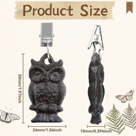 Owl Shaped Cast Iron Tablecloth Weights Set Of Eight, Heavy Duty Clip On Weights for Outdoor Tables showing size and detail