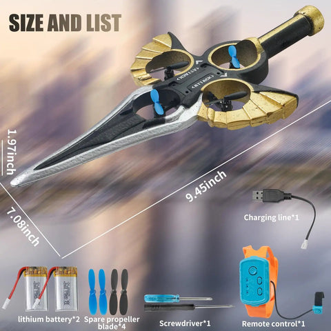 Kids RC Airplane With Hand Gesture Or Remote Control, LED Lights For Day And Night, shown with accessories and dimensions