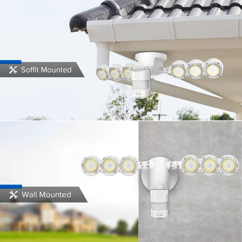 Ultra Bright 45W 6000LM Motion Sensor Outdoor LED Flood Lights 5000K Daylight 600W Equiv mounted on soffit and wall