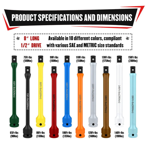 Ten Piece One Half Inch Drive Torque Limiting Extension Bar Set Eight Inch Length 65 To 150 Ft Lbs Range Impact Wrench Compatible Color Coded Lug Nut And Tire Repair Extensions With Storage Case Ideal For Auto DIY And Industrial, color-coded torque bars