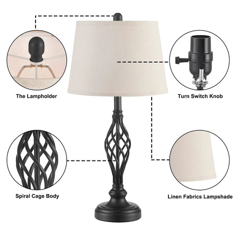 Vintage Table Lamp With Spiral Cage Base And Linen Lampshade For Retro Vibe Decor In Urban Modern Casual Or Traditional Rooms With A Warm Cozy Glow And Subtle Harmony For Living Room Bedroom Or Office