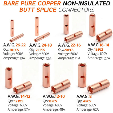 115 Piece Non Insulated Butt Splice Connector Kit For 8 To 26 AWG Wire Heavy Duty Pure Copper Seamless Barrel Connectors shown.