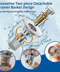 Front view of two-piece detachable sink drain strainer with removable stainless steel mesh basket, chrome finish