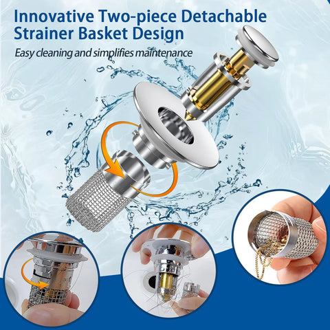 Front view of two-piece detachable sink drain strainer with removable stainless steel mesh basket, chrome finish