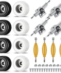 16 Piece Fingerboard Tool Kit With CNC Lathed Bearing Wheels Nut Drivers And Screwdrivers For Quick Tune Ups On The Fly 34 mm Skateboard Trucks Red Blue Wheels Sturdy Alloy Racks Black And White Finish, featuring black and white wheels, silver trucks, yellow drivers, and screws arranged neatly.