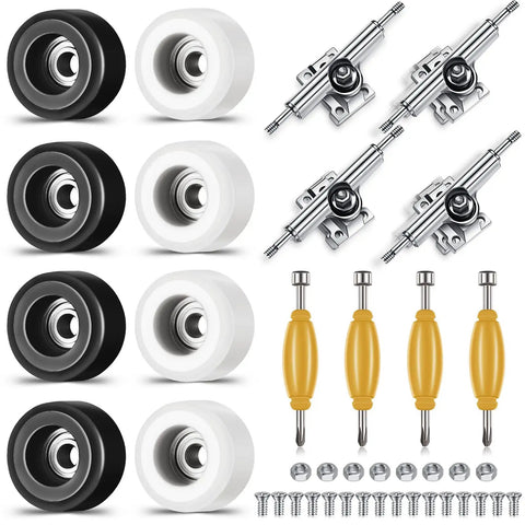 16 Piece Fingerboard Tool Kit With CNC Lathed Bearing Wheels Nut Drivers And Screwdrivers For Quick Tune Ups On The Fly 34 mm Skateboard Trucks Red Blue Wheels Sturdy Alloy Racks Black And White Finish, featuring black and white wheels, silver trucks, yellow drivers, and screws arranged neatly.