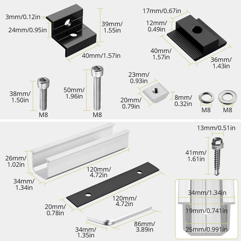 Diagram of Solar Panel Mounting Kit for Four Panels With 4.72 Inch Rails in Black and Silver, showing components and measurements.