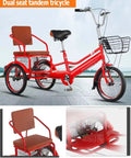 Dual Seat Tandem Pedal Tricycle for Kids and Adults With Rear Passenger Seat and Double Brakes, in red color outside.